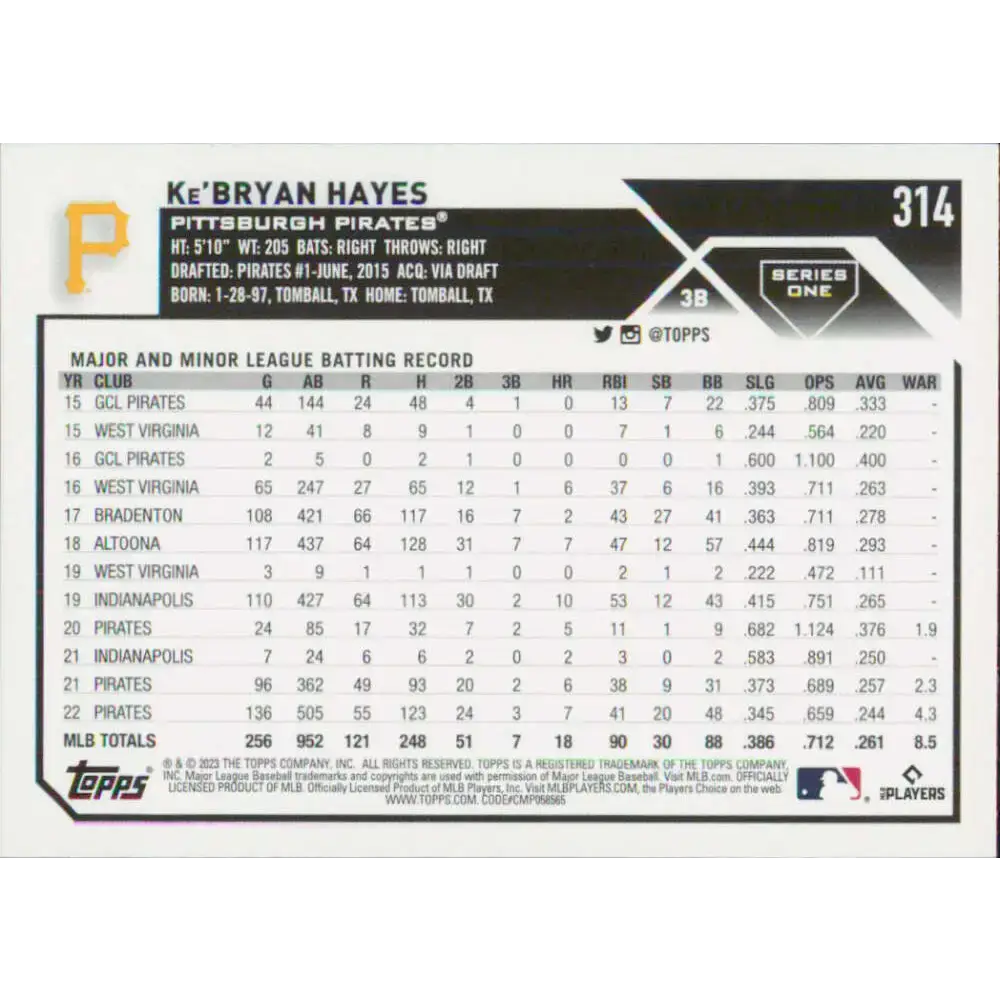 2023 Topps #314 Ke’Bryan Hayes NM-MT Pittsburgh Pirates Baseball Card - Baseball Card Single