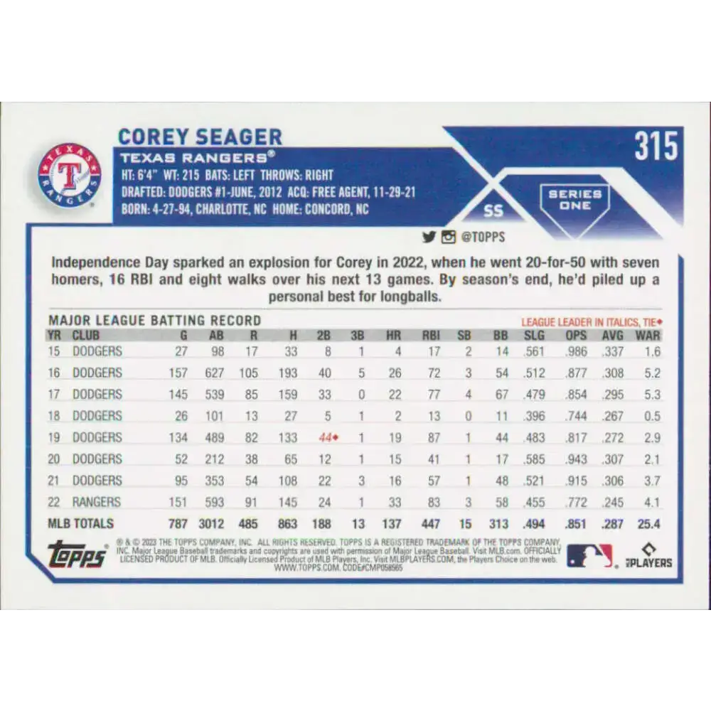 2023 Topps #315 Corey Seager NM-MT Texas Rangers Baseball Card - Baseball Card Single