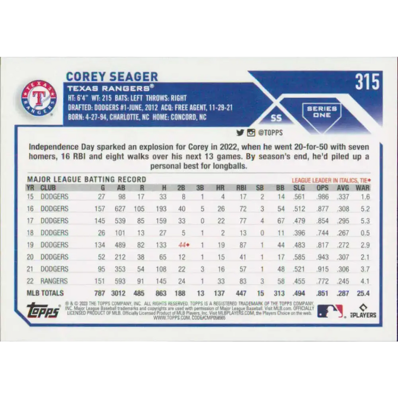 2023 Topps #315 Corey Seager NM-MT Texas Rangers Baseball Card - Baseball Card Single