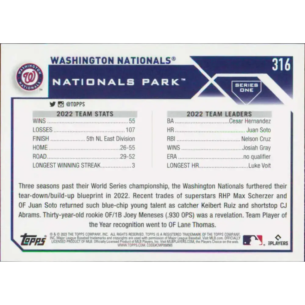 2023 Topps #316 Washington Nationals NM-MT Team Card Baseball Card - Baseball Card Single