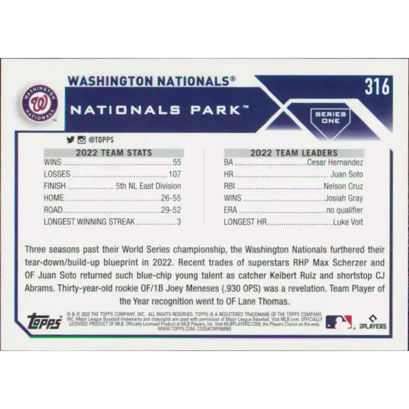 2023 Topps #316 Washington Nationals NM-MT Team Card Baseball Card - Baseball Card Single