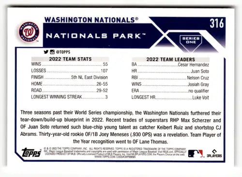 2023 Topps #316 Washington Nationals NM Near Mint ID:49555 - Baseball Card Single