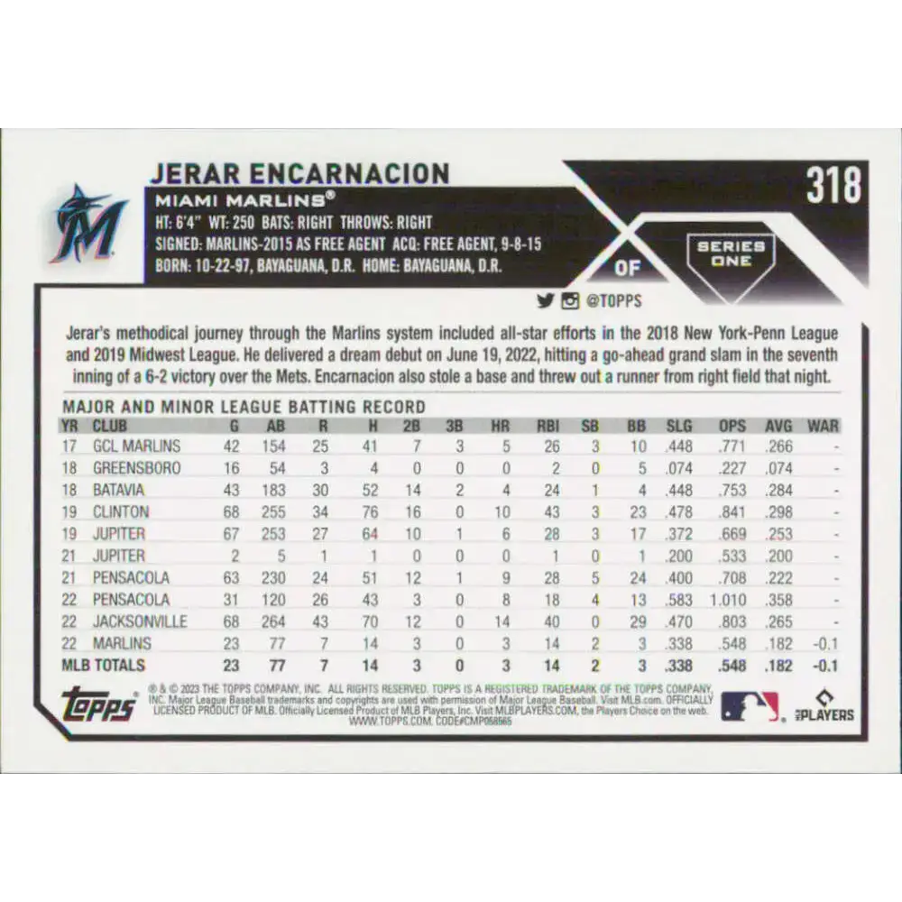 2023 Topps #318 Jerar Encarnacion NM-MT RC Rookie Miami Marlins Baseball Card - Baseball Card Single