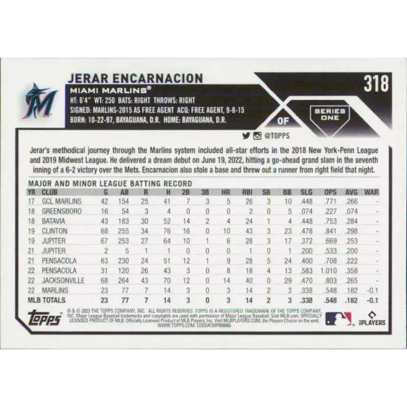 2023 Topps #318 Jerar Encarnacion NM-MT RC Rookie Miami Marlins Baseball Card - Baseball Card Single