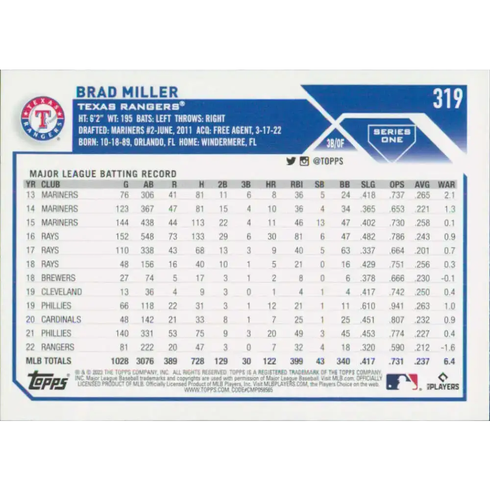 2023 Topps #319 Brad Miller NM-MT Texas Rangers Baseball Card - Baseball Card Single
