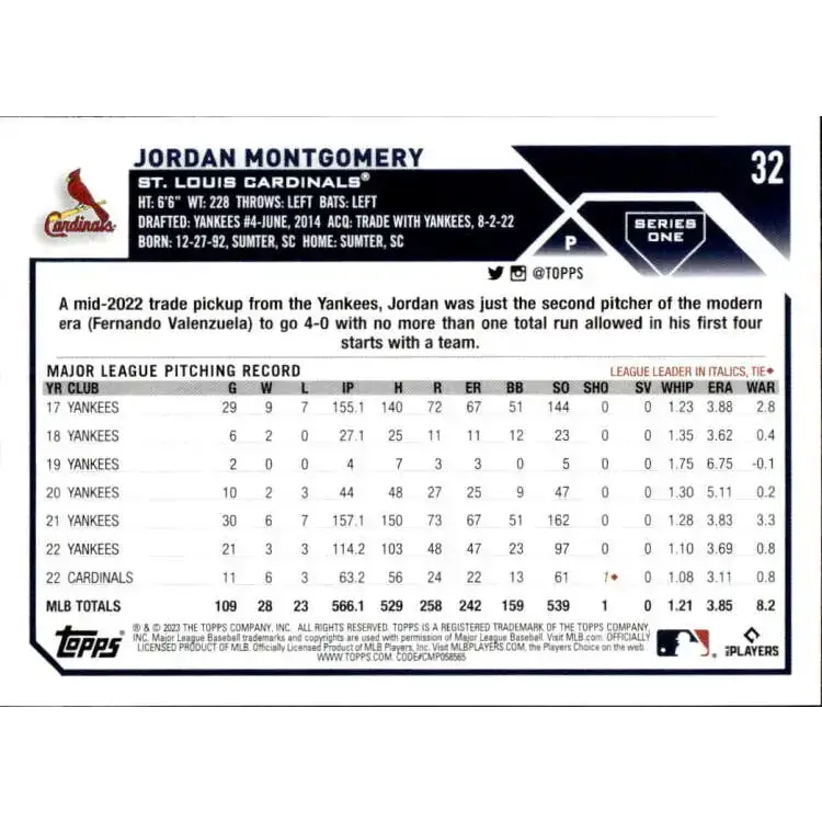 2023 Topps #32 Jordan Montgomery NM-MT St. Louis Cardinals Baseball Card - Baseball Card Single