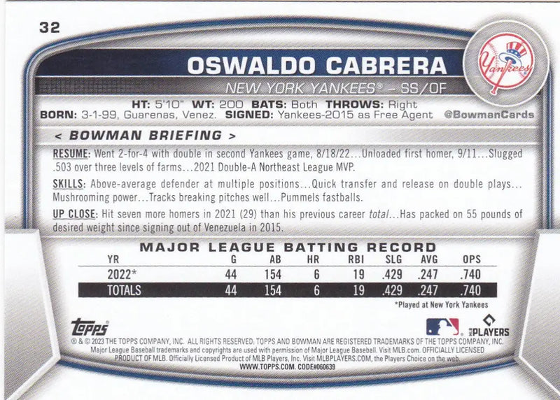 2023 TOPPS #32 OSWALDO CABRERA- NEW YORK YANKEES - Baseball Card Single