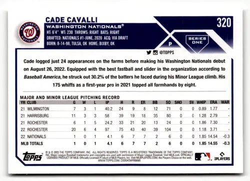 2023 Topps #320 Cade Cavalli NM-MT RC Rookie Nationals ID:49581 - Baseball Card Single