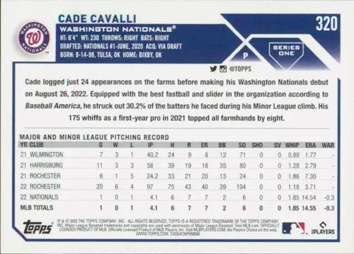 2023 Topps Cade Cavalli NM-MT RC rookie baseball card with original gloss