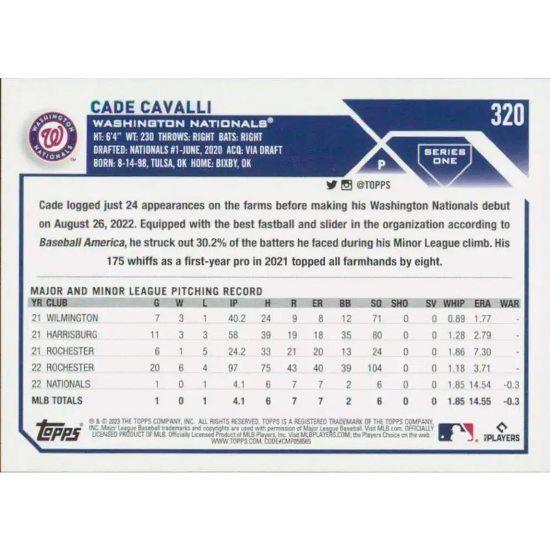 2023 Topps #320 Cade Cavalli NM-MT RC Rookie Washington Nationals Baseball Card - Baseball Card Single