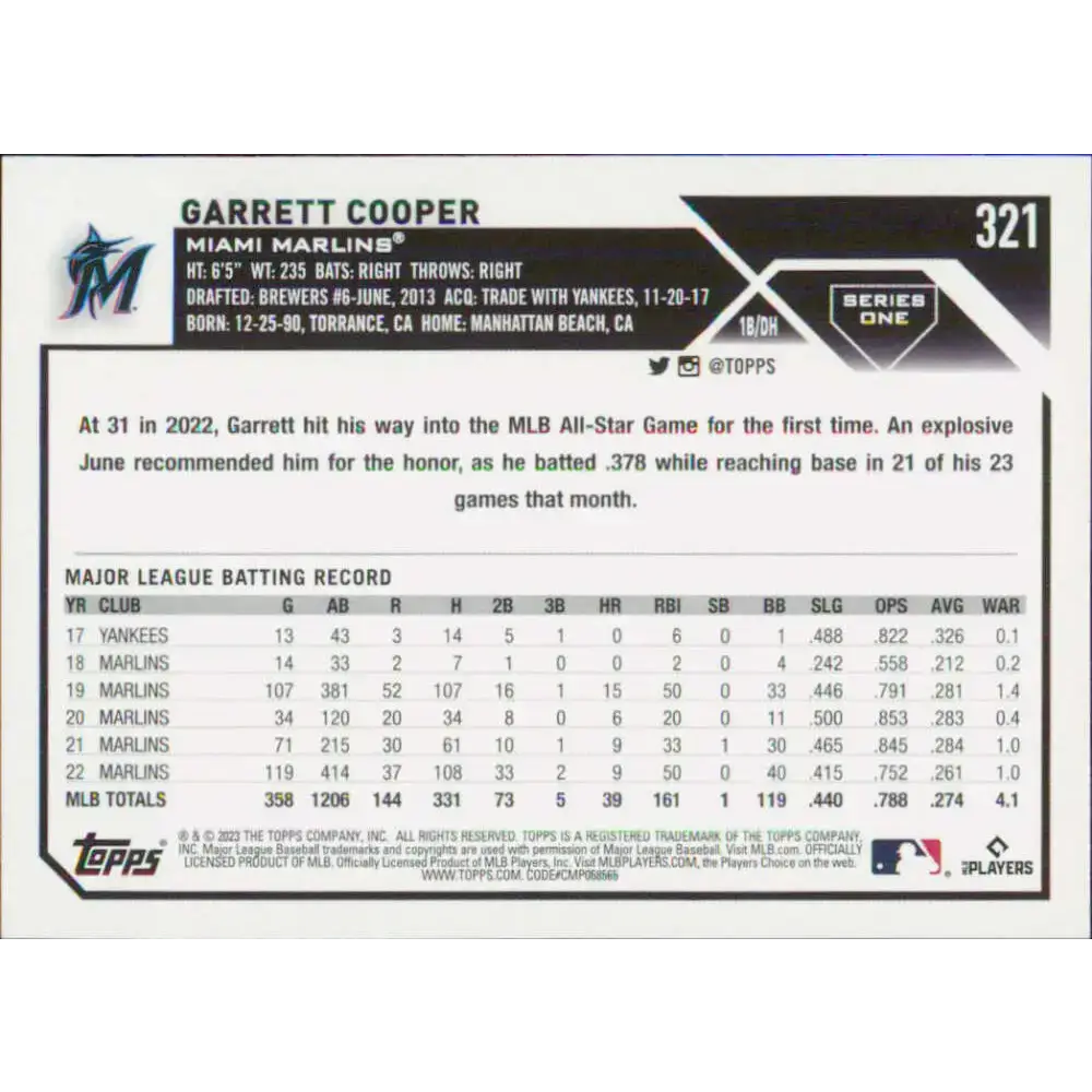 2023 Topps #321 Garrett Cooper NM-MT Miami Marlins Baseball Card - Baseball Card Single