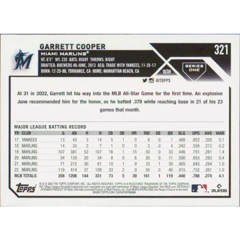 2023 Topps #321 Garrett Cooper NM-MT Miami Marlins Baseball Card - Baseball Card Single