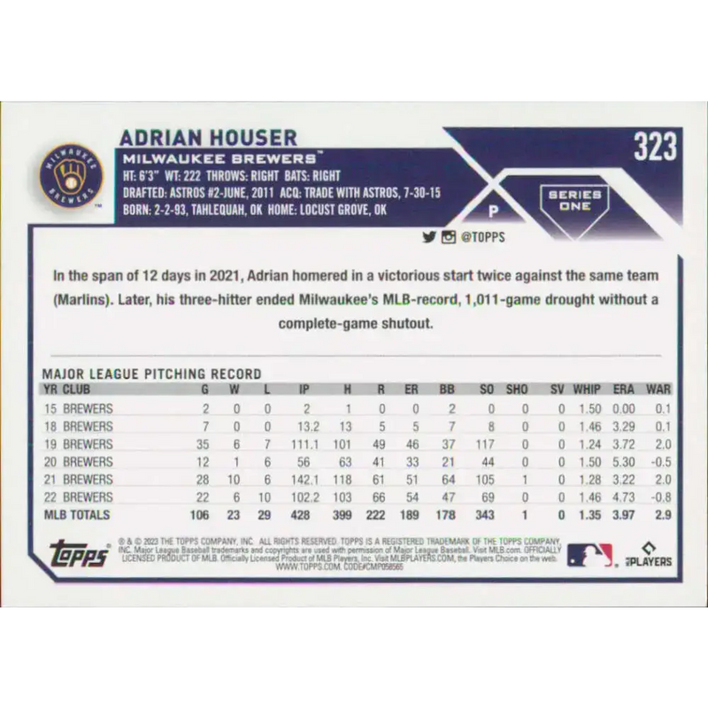 2023 Topps #323 Adrian Houser NM-MT Milwaukee Brewers Baseball Card - Baseball Card Single