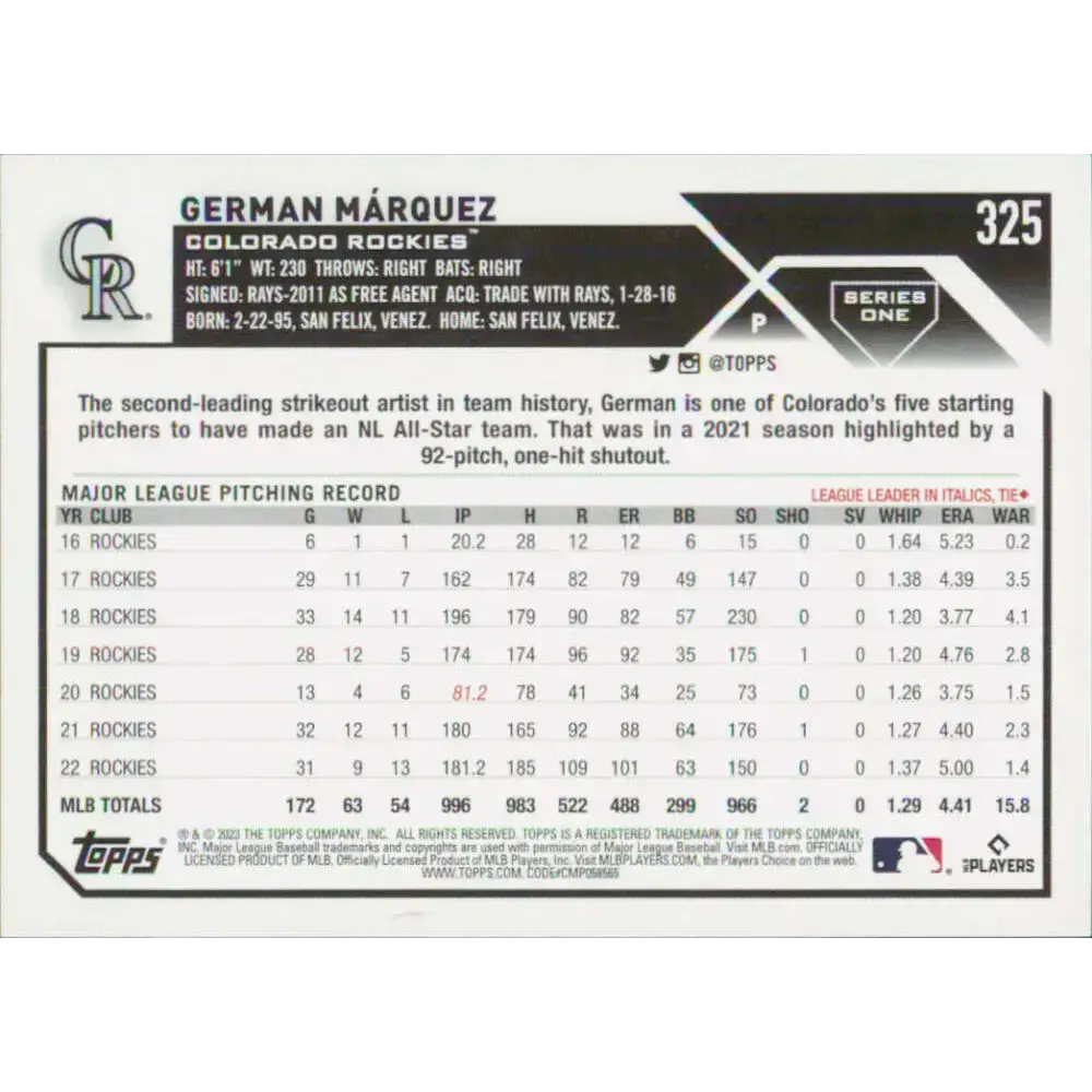 2023 Topps #325 German Marquez NM-MT Colorado Rockies Baseball Card - Baseball Card Single
