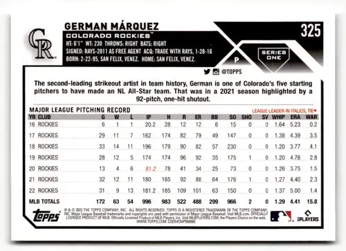 2023 Topps #325 German Marquez NM-MT Rockies ID:49525 - Baseball Card Single