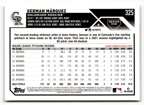 2023 Topps #325 German Marquez NM-MT Rockies ID:49587 - Baseball Card Single