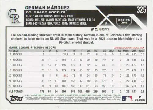 2023 Topps #325 German Marquez NM-MT Rockies ID:56910 - Baseball Card Single