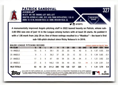 2023 Topps #327 Patrick Sandoval NM-MT Angels ID:49588 - Baseball Card Single