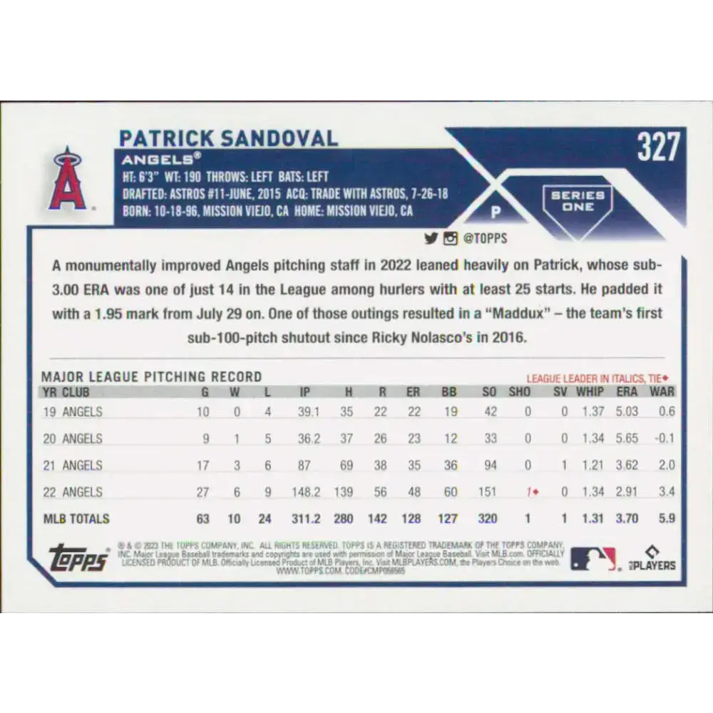2023 Topps #327 Patrick Sandoval NM-MT Los Angeles Angels Baseball Card - Baseball Card Single