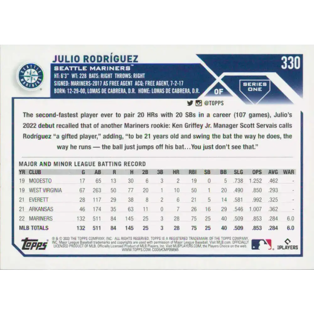 2023 Topps #330 Julio Rodriguez NM-MT Seattle Mariners Baseball Card - Baseball Card Single
