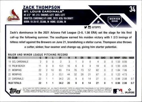 2023 Topps #34 Zack Thompson NM-MT RC Rookie Cardinals ID:50072 - Baseball Card Single