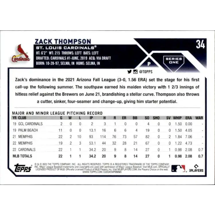 2023 Topps #34 Zack Thompson NM-MT RC Rookie St. Louis Cardinals Baseball Card - Baseball Card Single