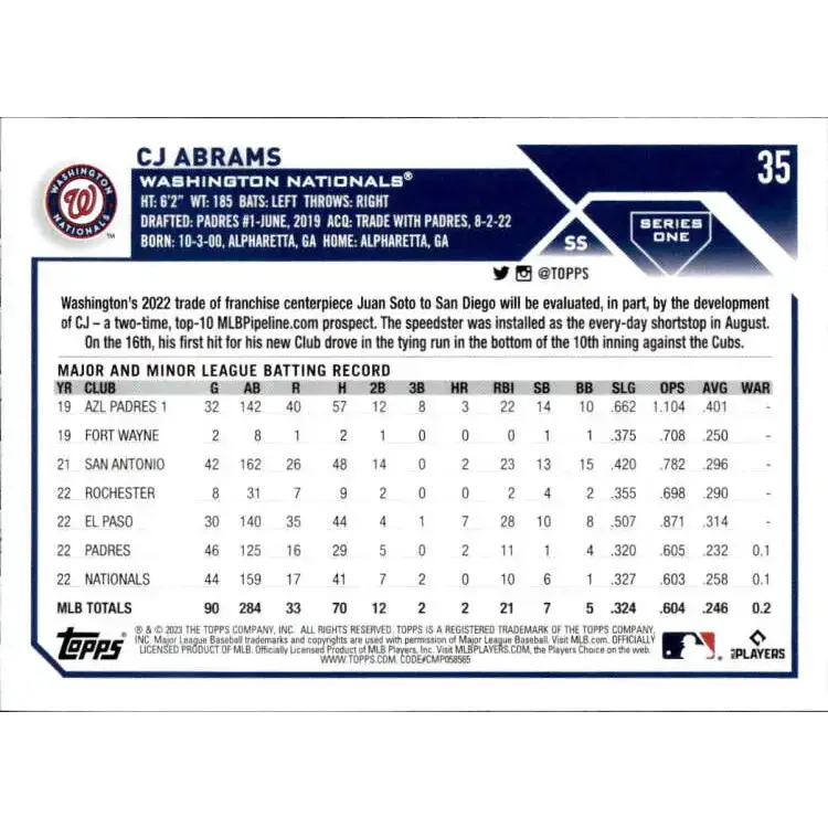 2023 Topps #35 CJ Abrams NM-MT Washington Nationals Baseball Card - Baseball Card Single