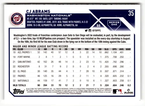 2023 Topps #35 CJ Abrams NM Near Mint Nationals ID:50078 - Baseball Card Single