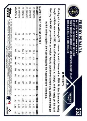2023 Topps #353 Freddy Peralta NM-MT Brewers ID:57158 - Baseball Card Single