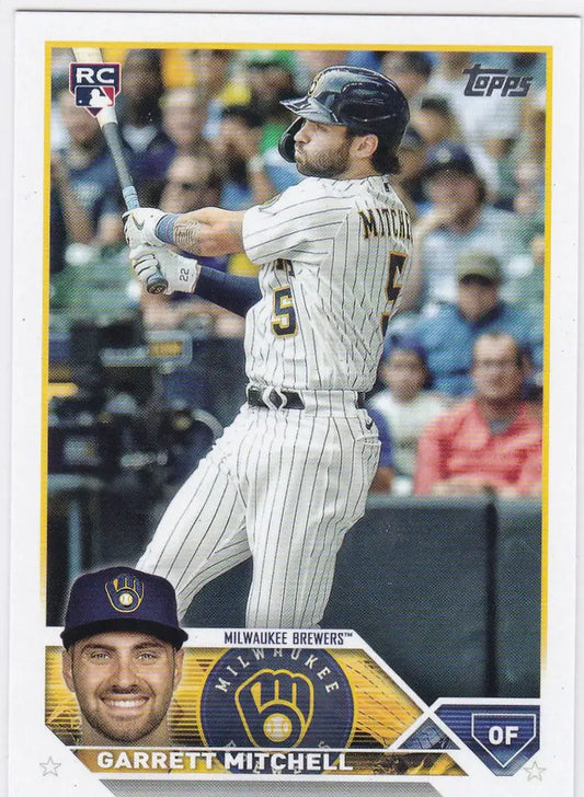 Baseball card of Garrett Mitchell in batting stance for Milwaukee Brewers 2023 Topps #359
