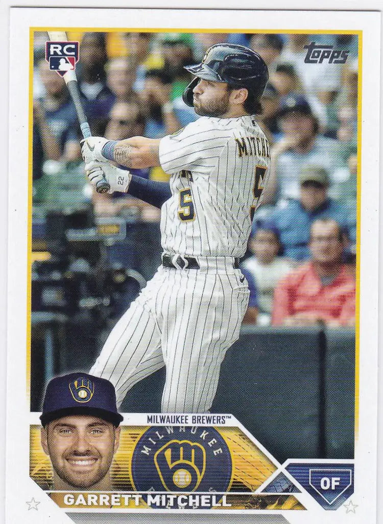 Baseball card of Garrett Mitchell in batting stance for Milwaukee Brewers 2023 Topps #359