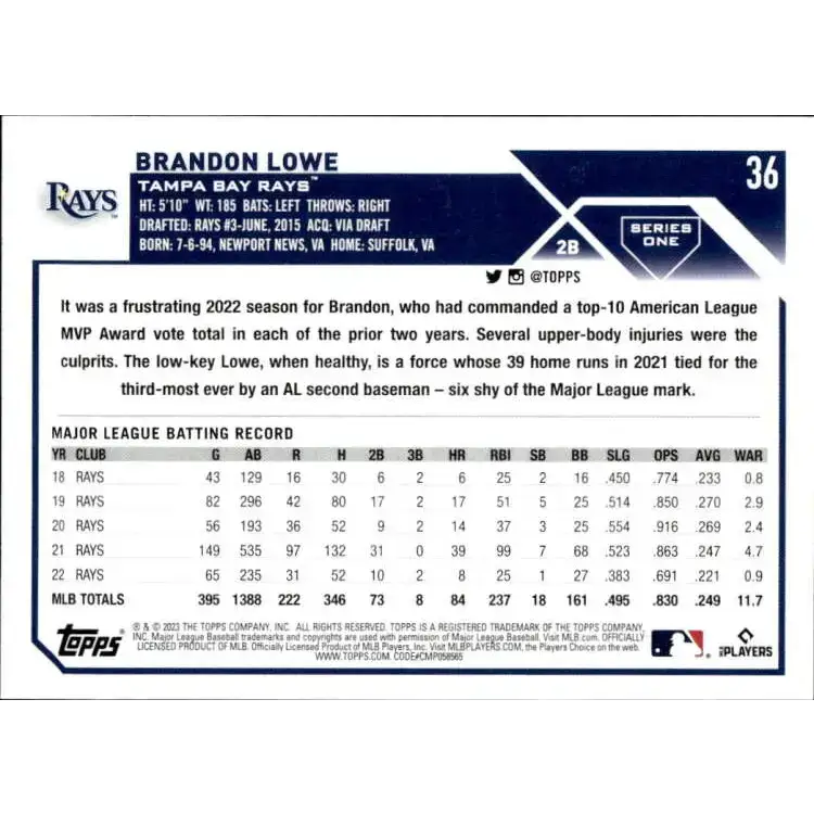 2023 Topps #36 Brandon Lowe NM-MT Tampa Bay Rays Baseball Card - Baseball Card Single