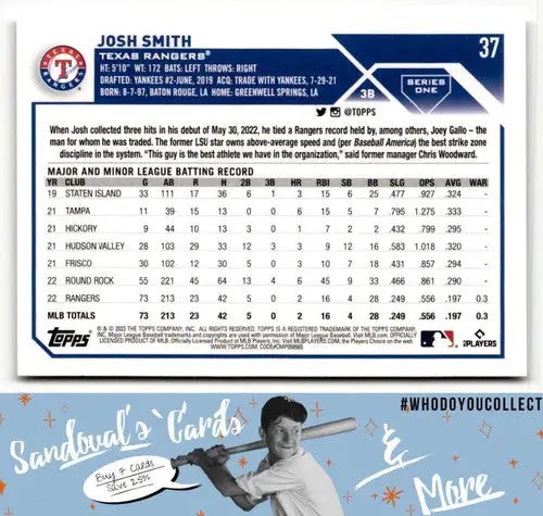Josh Smith baseball card from 2023 Topps #37 with original gloss featuring Simply Sandoval