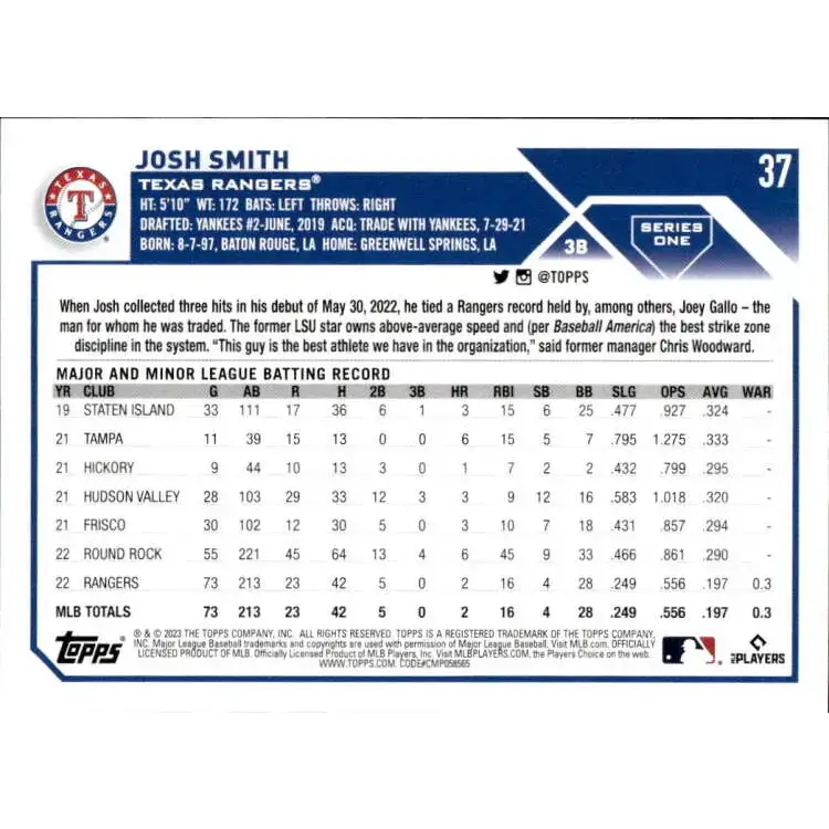 2023 Topps #37 Josh Smith NM-MT RC Rookie Texas Rangers Baseball Card - Baseball Card Single