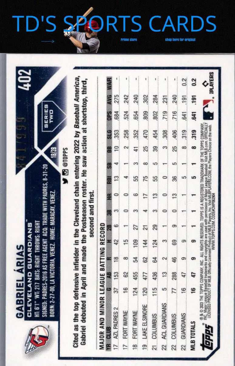 Baseball card of Gabriel Arias Blue Foilboard 2023 Topps #402