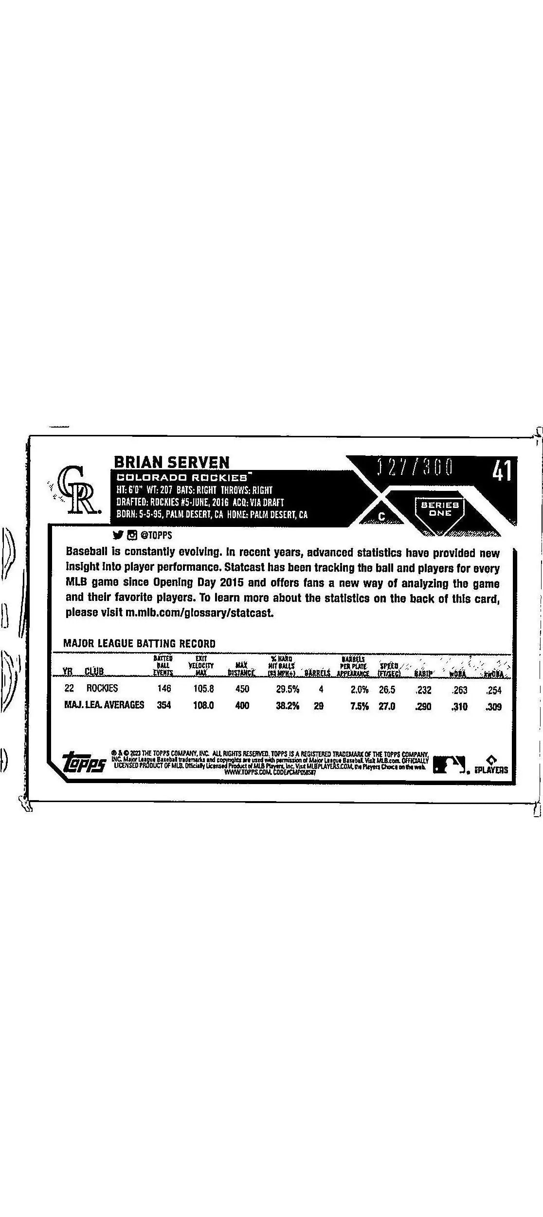 Baseball card back of 2023 Topps #41 Brian Serven featuring trading card stats