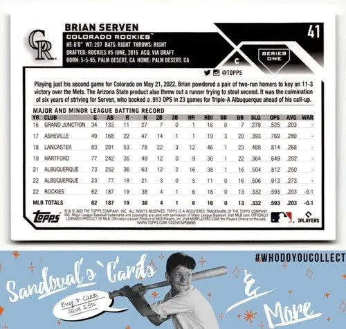Baseball card featuring Brian Serven from 2023 Topps #41 with original gloss and Simply Sandoval