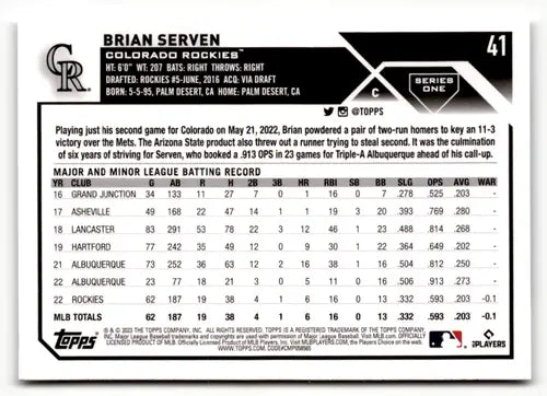 2023 Topps #41 Brian Serven EX/NM RC Rookie Rockies ID:50062 - Baseball Card Single