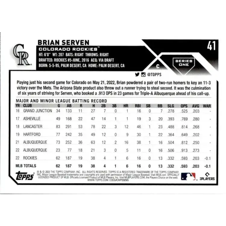2023 Topps #41 Brian Serven NM-MT RC Rookie Colorado Rockies Baseball Card - Baseball Card Single