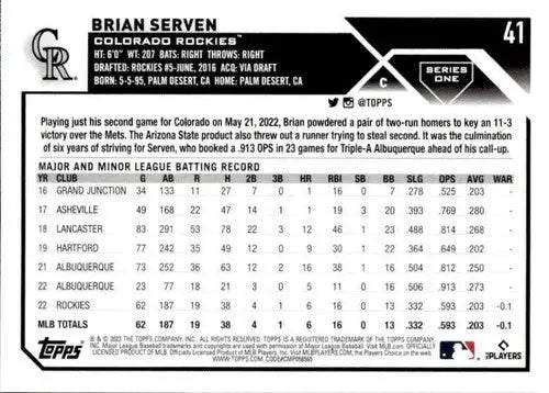 2023 Topps #41 Brian Serven NM-MT RC Rookie Rockies ID:58971 - Baseball Card Single