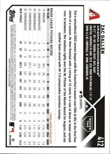 2023 Topps #412 Zac Gallen NM-MT Diamondbacks ID:57173 - Baseball Card Single