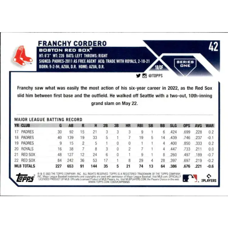 2023 Topps #42 Franchy Cordero NM-MT Boston Red Sox Baseball Card - Baseball Card Single