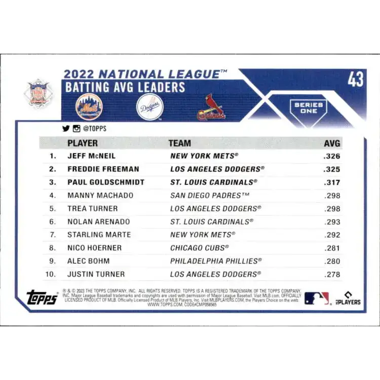 2023 Topps #43 Paul Goldschmidt/Freddie Freeman/Jeff McNeil NM-MT Baseball Card - Baseball Card Single