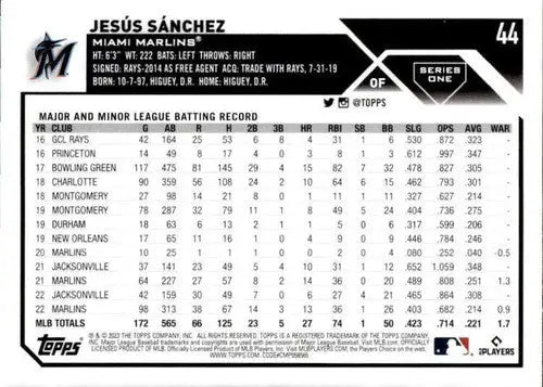 2023 Topps #44 Jesus Sanchez NM-MT Marlins ID:50113 - Baseball Card Single