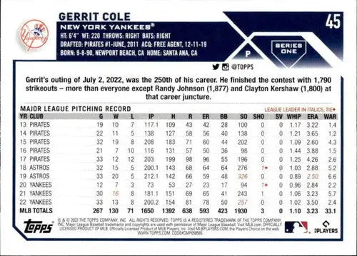 2023 Topps Gerrit Cole baseball card NM-MT with original gloss featuring Yankees