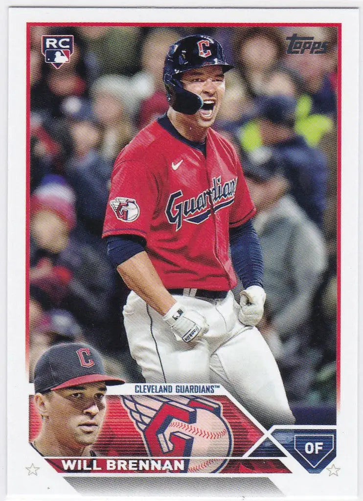 Baseball card of Will Brennan RC in red jersey for Cleveland Guardians trading cards