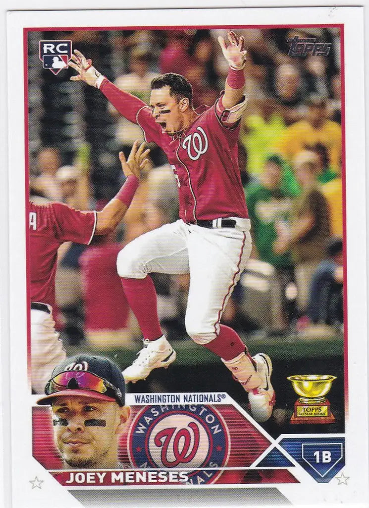 Baseball card of Joey Menese RC celebrating for the Washington Nationals 2023 Topps