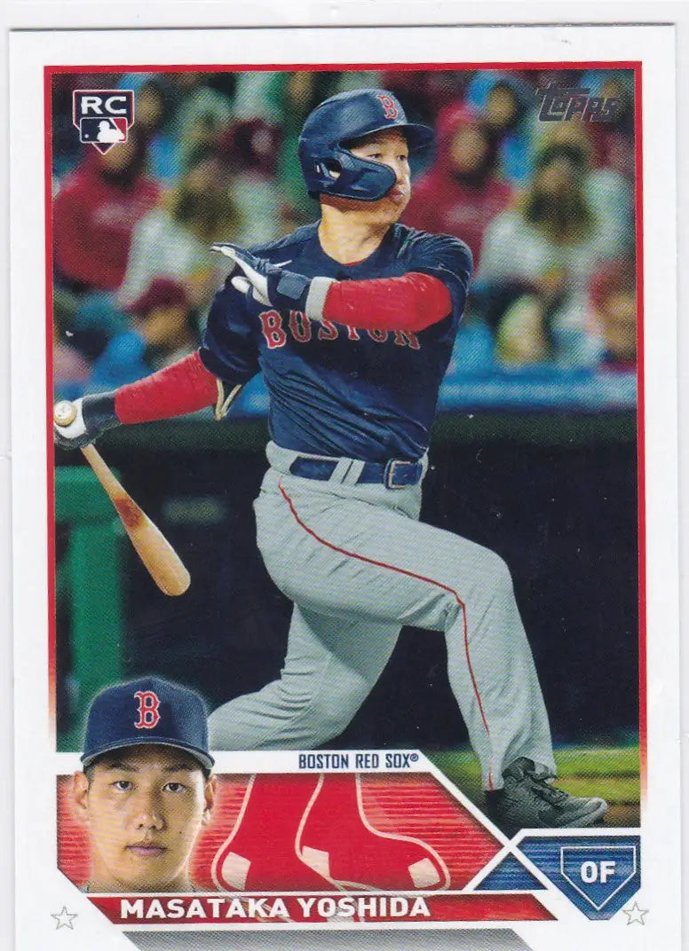 Baseball card of Masataka Yoshida RC Boston Red Sox in gray uniform, batting stance