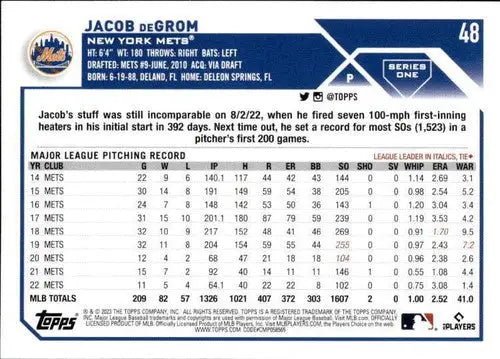 Jacob deGrom baseball card with original gloss from 2023 Topps #48 NM-MT Mets
