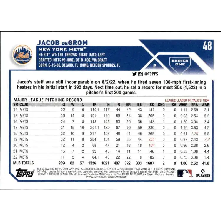 2023 Topps #48 Jacob deGrom NM-MT New York Mets Baseball Card - Baseball Card Single
